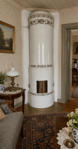 Rund vit mittbandsugn fr&aring;n ca 1910 med dekorativa blomsterband och tidstypisk sekelskiftesdesign. H&ouml;jd ca 245&ndash;255 cm. - #10227