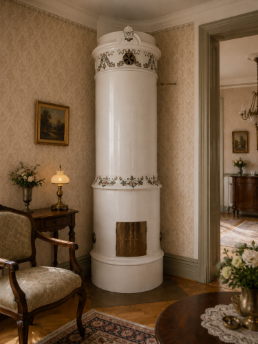 Rund vit mittbandsugn fr&aring;n ca 1910 med dekorativa blomsterband och klassisk sekelskiftesdesign. H&ouml;jd ca 245&ndash;255 cm. - #10228