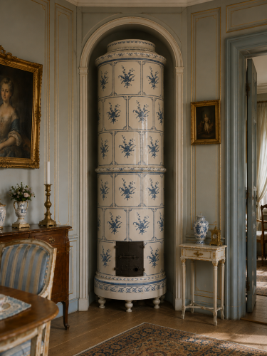 Handgjord gustaviansk kakelugn fr&aring;n ca 1780 med elegant bl&aring; blomdekor p&aring; gr&aring;vit botten. H&ouml;jd ca 240 cm. Finns att se i v&aring;r utst&auml;llning. - #10230