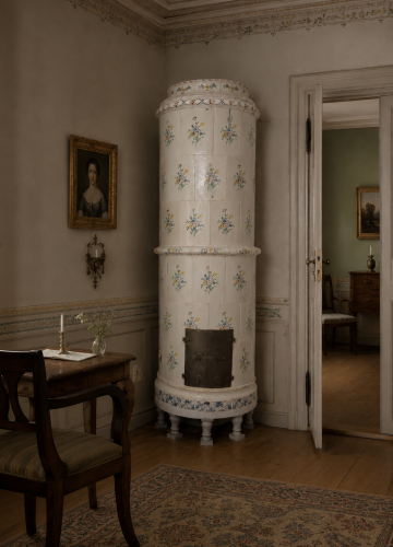 Rund gustaviansk kakelugn fr&aring;n ca 1770&ndash;1785 med vacker handm&aring;lad blomsterdekor i flera f&auml;rger p&aring; gr&aring;vit botten. Ca 220 cm h&ouml;g. - #10231