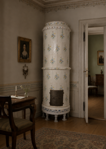 Rund gustaviansk kakelugn fran ca 1770Y1785 med vacker handmalad blomsterdekor i flera farger pa gravit botten. ca 220 cm hog. 10231 - #10231
