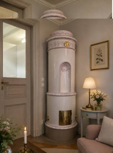 Statlig rund jugendkakelugn fran ca 1910 med dekorativ nisch och mjuka dekor malade detaljer. en 255 cm hog klassiker som kombinerar historisk charm med effektiv varme. - #10234